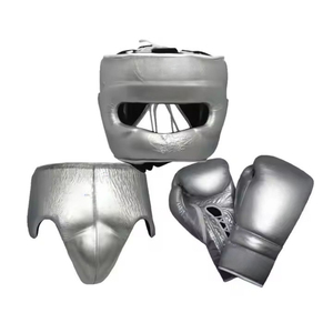 Metallic <b>Silver</b> Professional Boxing Set Leather Top Grain Cowhide Lace-Up <b>Gloves</b> Headgear Groin Guard-3-Piece Durable - Product Image 1