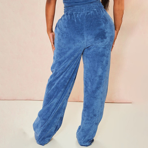 Customized Women Blue Velour Jogger Sweatpant Comfortable Oversized <b>Flared</b> Cargo Pant with Elastic Waist& Side Pocket for Winter - Product Image 2