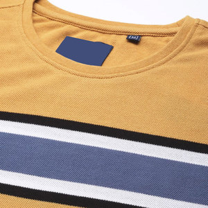 T-shirt tricoté à manches longues pour homme, col rond, bordure contrastante rayée, coupe décontractée, motif jaune, bleu et blanc - Product Image 6