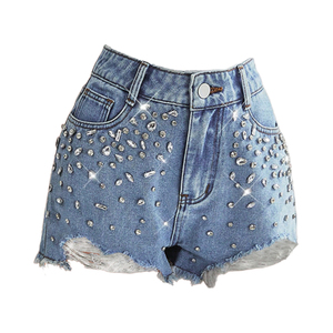 Shorts en jean déchirés taille haute pour femme, bleu été avec strass, style décontracté respirant, vente en gros de vêtements - Product Image 2