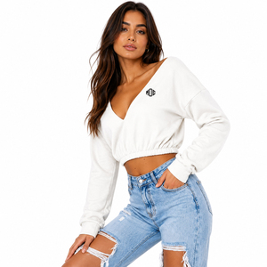 White French terry Women's Cropped Sweatshirt V Neck Drop Shoulder Oversized Long Sleeve Gathered Hem Casual Fashion Custom Logo - Product Image 2