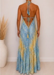 Robe longue évasée pour femme, bleue, imprimé cachemire, style bohème, col en V, taille élastique, coupe ajustée, 100 % soie tissée, coupe classique, tenue décontractée d'été - Product Image 2