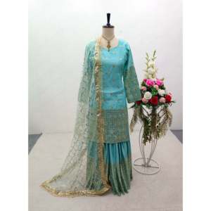 Ensemble de vêtements de soirée pour femmes de créateur avec haut brodé Sarara Dupatta - Product Image 3
