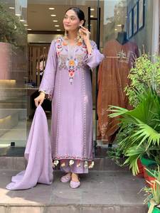 new launching pure viscose chanderi silk <b>kurta</b> with bottom and dupatta with embossed work - Product Image 2