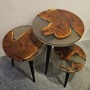 Juego de 3 mesas nido personalizadas – Madera de teca con acabado de resina gris tintada y brillo de faizacraft - Product Image 1