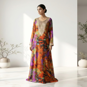 Jalabiya Georgette con Estampado de Moda y Diseño de Cuello Bordado, Vestido Kaftan Árabe para Mujer, Ropa Islámica Modesta para Fiestas - Product Image 1