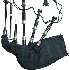 Gaita de cimbalones escocesa modelo SK-SB-312 de palo de rosa con acabado negro pulido, monturas plateadas y tartán verde, personalizada para banda de marcha. - Product Image 5