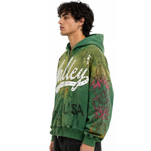 เสื้อฮู้ดซิปพิมพ์ลาย Valley USA สำหรับผู้ชาย ทรงโอเวอร์ไซส์ สไตล์สตรีทแวร์ ลายเปลวไฟสีเขียว ผลิตจากผ้าโพลีเอสเตอร์ถัก - Product Image 5