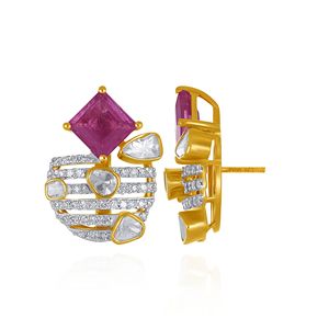 Boucles d'oreilles clous en or jaune 14 carats avec rubis et diamants de laboratoire, taille princesse, bijoux fins pour femme - Product Image 3