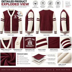 Vêtements grecs pour hommes, pull cardigan brodé de l'Université Alabama A&M, couleur marron, manches longues, col en V, 100% tricoté - Product Image 5