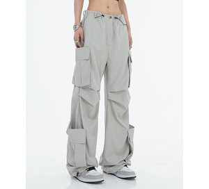 Custom Logo Women's <b>White</b> Contrast Stitch Wide Leg Cargo Pants - Oversized Baggy Casual <b>Trousers</b> with Utility Pocket, Streetwear - Product Image 4