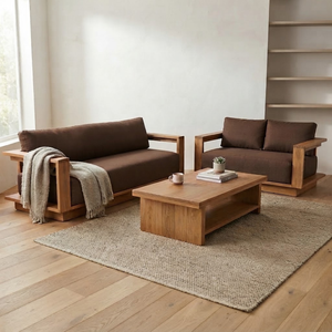 Juego de Sofá de Madera Maciza con Cojines Marrones y Mesa de Centro, Muebles Modernos para Sala de Estar, Hogar, Hotel, Cafetería, Salón - Product Image 3