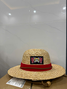 Boho Character Printed <b>Straw</b> Boater <b>Hat</b> Wide Brim Summer Beach Outdoor Sun Protection Unisex Adult Red Ribbon 3D Embroidery - Product Image 1