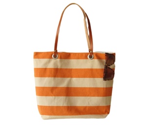 Striped Canvas Tote <b>Bag</b> <b>Large</b> Size Orange Beige Shoulder Handle <b>Beach</b> Shopping <b>Bag</b> - Product Image 1