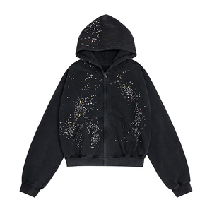 Sweat à capuche pour homme en mélange coton-polyester, teint en pièce, orné de strass, finition délavée, motif à carreaux - Product Image 1