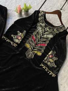 Conjunto de Alta Calidad con Microterciopelo Interior, Bordado con Lentejuelas y Parches, Top Largo y Pantalones Palazzo, Traje de Invierno para Mujer - Product Image 6