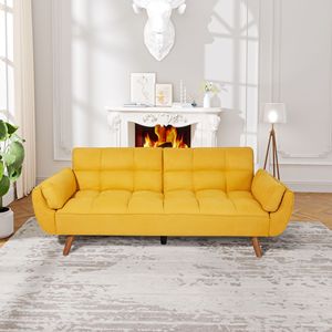 Divano Letto Convertibile Giallo da 75 Pollici con Braccioli Svasati, Reclinabile e Pieghevole, Rivestimento in Pelle, Base Quadrata in Metallo per Soggiorno - Product Image 1