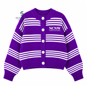 NCNW Sorority Women's Striped Knit <b>Cardigan</b> Button Down Long Sleeve Crew Neck <b>Purple</b> White Embroidered Casual Sweater - Product Image 1