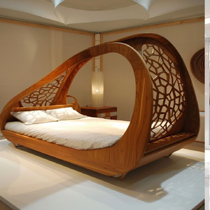Cama con dosel de madera curvada de estilo vanguardista, con líneas fluidas y telas estampadas integradas. Disponible a precios de mayorista. - Product Image 4