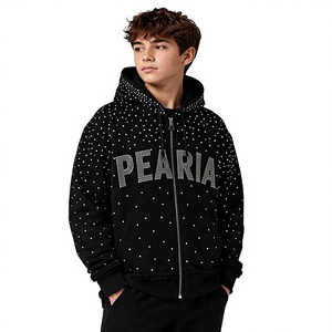 Sweat à capuche zippé noir à strass imprimé numériquement, 100 % coton molletonné respirant, coupe classique, streetwear d'hiver pour homme - Product Image 4