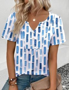 Camiseta de Mujer con Cuello Redondo, Manga Corta, Corte Holgado, Casual, Primavera/Verano, Estampado Floral, Bordado, Tejido de Punto Suave y Elástico - Product Image 1