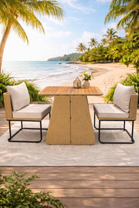 Wholesale Price Modern Rattan Dining Set Acacia <b>Table</b> 2 Chairs Light Cushion Steel Frame Waterproof Garden Furniture - Product Image 5