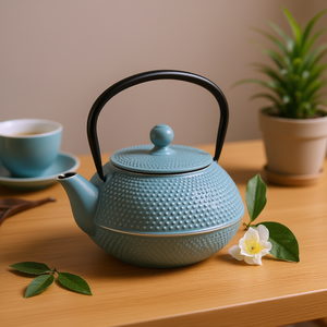 Tetera de hierro fundido Excelsa de 80 cl, color azul claro con textura punteada y asa negra - Product Image 3