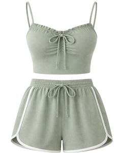 Sage Green Women Camisole And Shorts Set Summer Two Piece Outfit Cotton Blend Crop <b>Top</b> Ruched Tie Front Drawstring Shorts Casual - Product Image 1