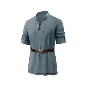 Chemise habillée homme en lin et coton corail, col mandarin, manches longues, respirante, couleur unie, style vintage, en popeline, pour le printemps - Product Image 4