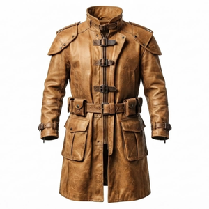 FAZMAX Abrigo de Cuero Genuino de Oveja para Hombre, Color Marrón, Cierre de un Botón, Manga Larga, Cuello Vuelto, Impermeable para Otoño - Product Image 1