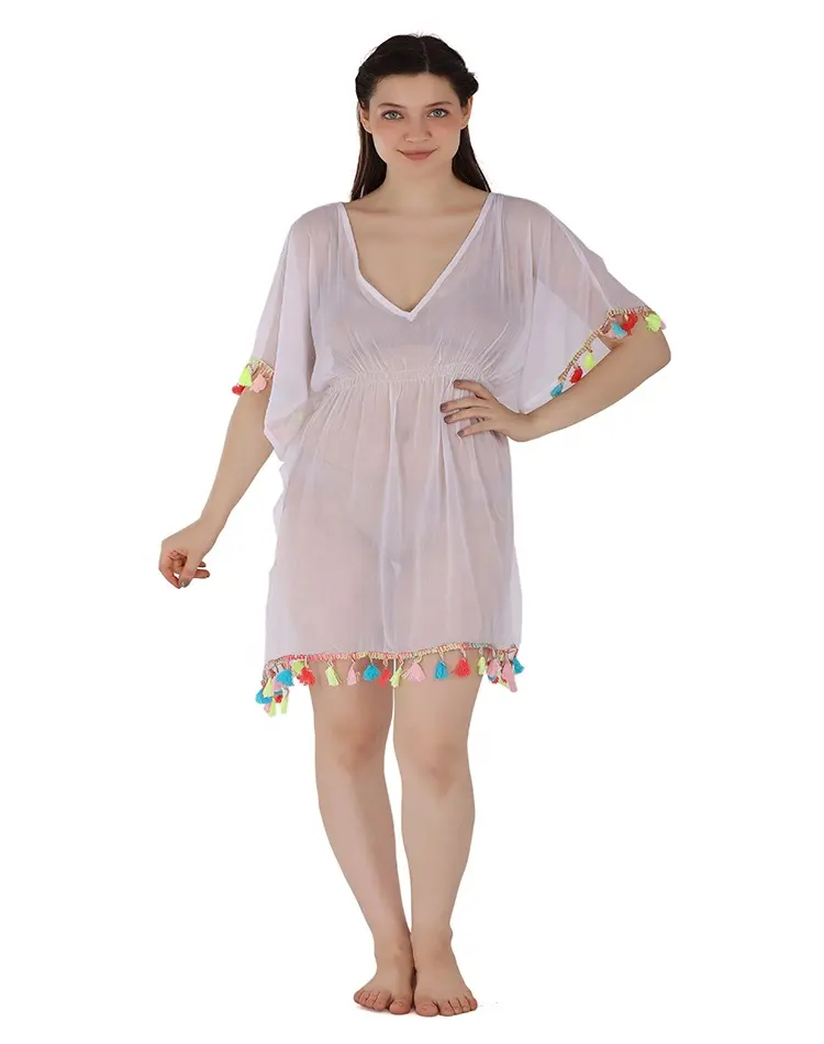 Traje de baño ropa de playa 2024 color blanco ver a través de traje de baño con borla multicolor patrón de encaje traje de baño para mujer