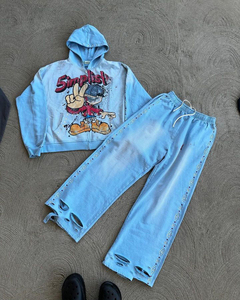 Conjunto de Sudadera con Capucha y Pantalones Jogger Acampanados para Hombre, Estilo Vintage Personalizado, de Dos Piezas Completas, con Pedrería, Estampado Desgastado y Lavado Ácido - Product Image 4