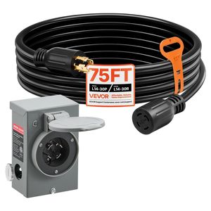Cavo di alimentazione per generatore da 75 piedi, resistente, 125/250V, NEMA L14-30P L14-30R, 30 Amp, con scatola di ingresso alimentazione, SJTW, 10 AWG - Product Image 1