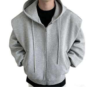 เสื้อฮู้ดซิปผู้ชายสีเทาคอลเลคชั่นใหม่ปี 2024 ทรงหลวม ผ้า Worsted พิมพ์โลโก้ตามสั่ง - Product Image 4