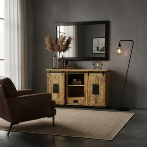 Buffet en bois de manguier recyclé de style rustique industriel, portes coulissantes en métal, grand rangement, armoire de rangement, credenza en bois récupéré, artisans - Product Image 2