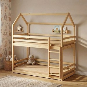 Twin Size Wooden Bunk <b>Bed</b> <b>House</b> Shape Kids <b>Bed</b> Frame Solid Wood Child Furniture - Product Image 2
