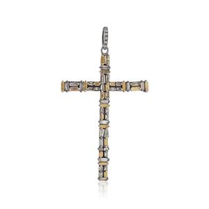 Natural Baguette Diamond Oxidized 925 <b>Silver</b> Yellow Vermeil Religious Cross <b>Charm</b> Unisex Pendant Necklace Jewelry Wholesale - Product Image 6