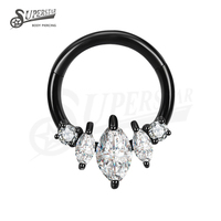 SUPERSTAR Anneau de nez, piercing de septum ou boucle d'oreille Daith en acier inoxydable 316L, avec segment articulé serti de zircone cubique (CZ) taille marquise et taille ronde
