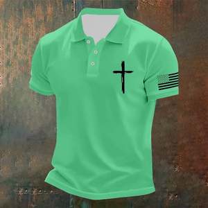 Chemise de golf Oxford décontractée pour homme, bleu clair, manches courtes, mélange polyester/coton, avec patch drapeau croisé, respirante, coupe régulière, 180g - Product Image 3