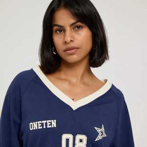 Oneten Women Navy Blue <b>V</b> <b>Neck</b> <b>Long</b> <b>Sleeve</b> Drop Shoulder Jersey <b>Top</b> With Number 08 - Product Image 5