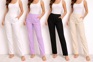 Women's Straight Leg Cotton <b>Pants</b> Mid Waist Elastic Waist Solid Color Casual Full Length Loose Fit Breathable Summer Trousers - Product Image 1