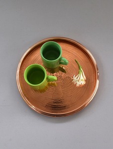Copper Round Serving Tray with Green <b>Mugs</b> and White <b>Flower</b> Minimalist Design for Dining - Product Image 1