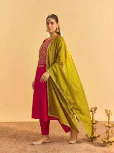 Traditional Indian Vichitra <b>Silk</b> Embroidered Green & <b>Pink</b> Party Suit Dupatta Women Wedding Wear All Seasons Vichitra <b>Top</b> Bottom - Product Image 2