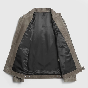 Veste en daim pour homme 2025 – Blouson moto gris respirant en cuir véritable de haute qualité, coupe ajustée, col montant, logo frontal - Product Image 2