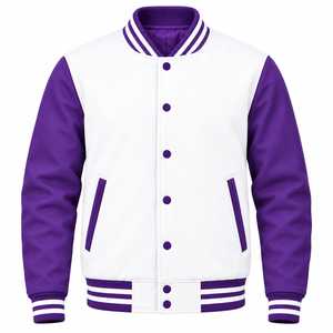 Chaqueta Varsity para Hombre, Color Morado y Blanco, Lona Sólida Transpirable, Forro de Poliéster, Cuello Alto, Cierre de Botones, Ropa Deportiva de Invierno - Product Image 1