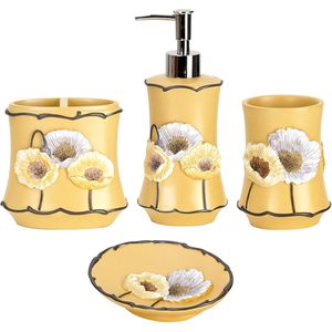 Set Moderno di 4 Accessori Bagno Poppy Fields Giallo con Dispenser Sapone Liquido, Bicchiere, Porta Spazzolino e Portasapone - Product Image 1