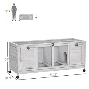 Casetta per Conigli in Legno Grigio Chiaro con Ruote, Cuccia per Animali Domestici da Interno con Divisori - Product Image 2
