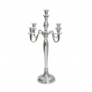 Support de bougie rétro en métal argenté de 60 cm à 5 bras - Centre de table métallique brillant pour fêtes d'anniversaire et décoration événementielle - Product Image 1