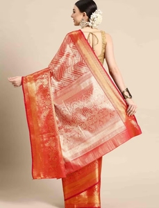 KV <b>Red</b> Brocade Heavy Zari Woven <b>Saree</b> With Unstitched Blouse - Product Image 6