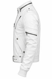 Men's <b>White</b> PU Leather Moto <b>Jacket</b> Stand Collar Zipper Closure Belted Slim Fit <b>Biker</b> Style Autumn Winter Wear - Product Image 3